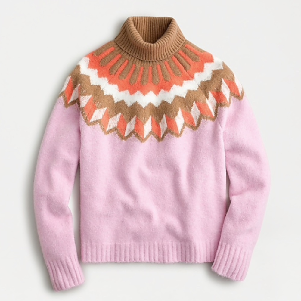 J Crew Fair Isle Turtleneck Sweater Supersoft Yarn in Pink Brown XXS